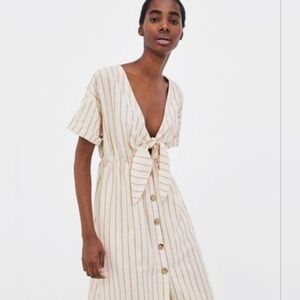 Zara linen tie and button down midi dress